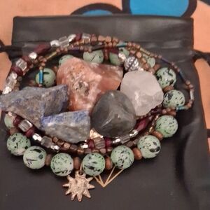 Green Beaded Multi-Strand Gemstone Bracelet with Sun Charm